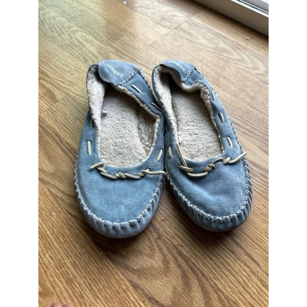 LL Bean Hearthside Moccasin Slippers Womens Size 11 Light Blue Suede Fleece
